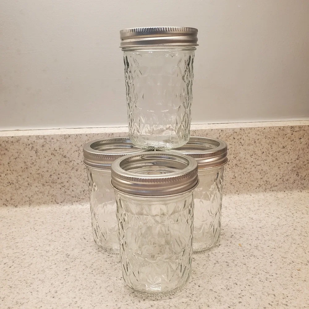 4 Vintage Quilted Crystal Glass Jelly Jars 6 oz Jam Canning Mason Jar w Rings